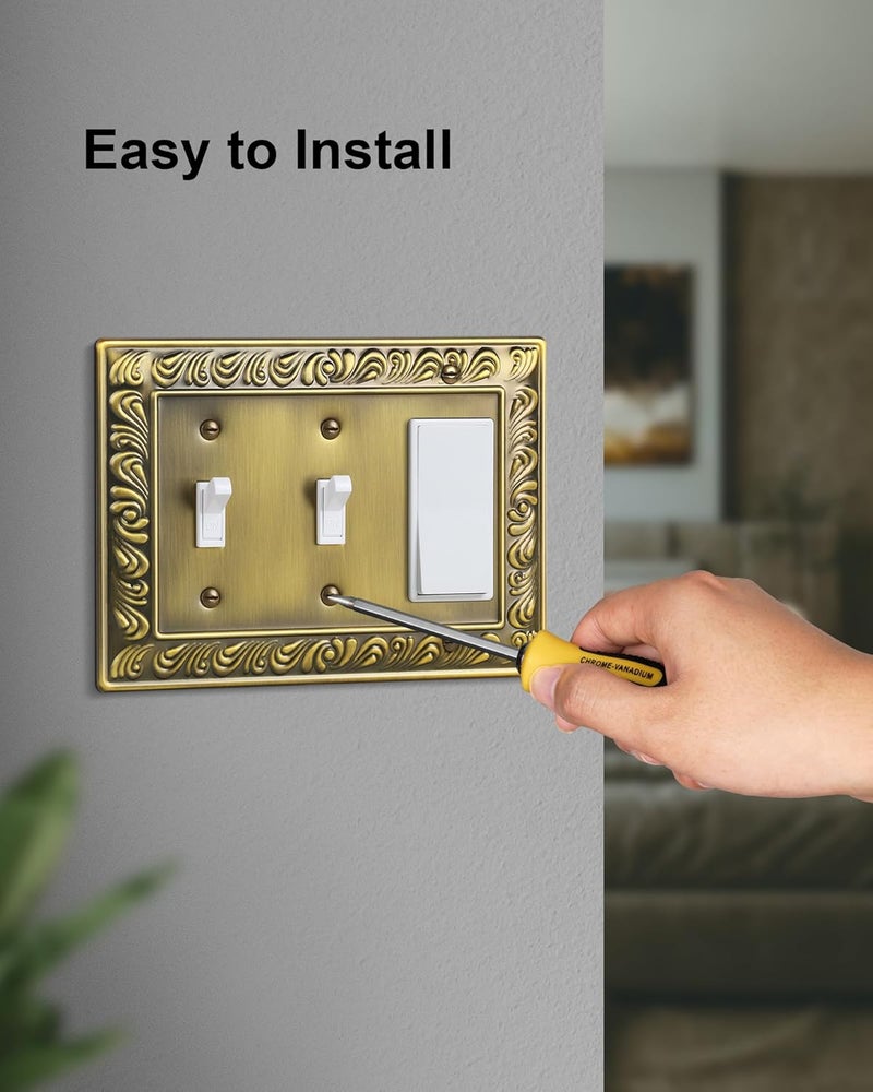 treewell 2-Pack Combo Double Toggle/Single Decorator Outlet Cover Plate, Paisley Pattern Decorative Switch Plates and Outlet Covers, 4 Gang Antique Brass Metal Wall Plates, Corrosion Resistant - Image 5